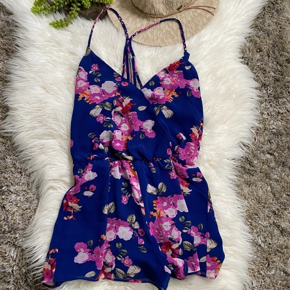 Forever21 Bright Blue Floral Strappy Romper Size S